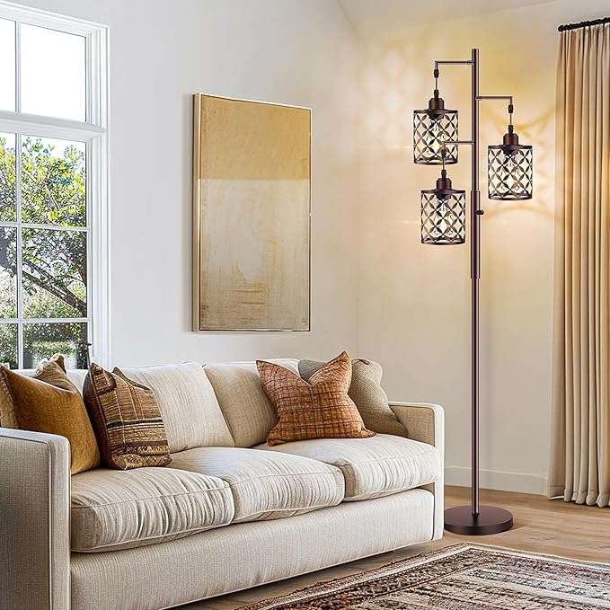 Dimmable Floor Lamp, Farmhouse Standing Lamp with Elegant Metal Cage, Industrial Tall Tree Floor Lamps for Living Room, Bedroom, Study Room, Office, 2000LM LED Bulbs Included - 68", Brown
