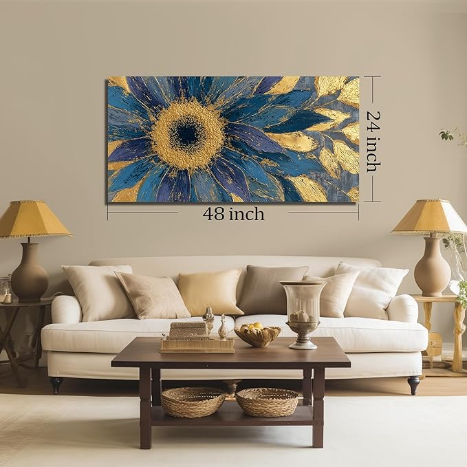 JuhaiArt Gold Wall Decor Blue Floral Wall Picture Canvas Sunflower Abstract Flower Wall Art for Living Room Bedroom Home Office 24" x 48"
