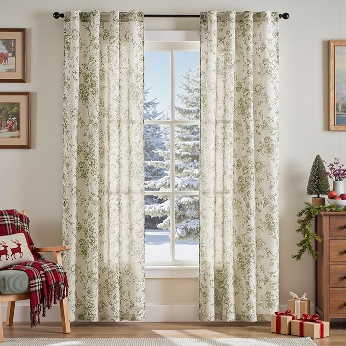 jinchan Linen Floral Curtains 84 Inch Length for Living Room Bedroom Light Filtering Farmhouse Peony Flower Drapes Rustic Window Curtain Set Rod Pocket Back Tab 2 Panels Green