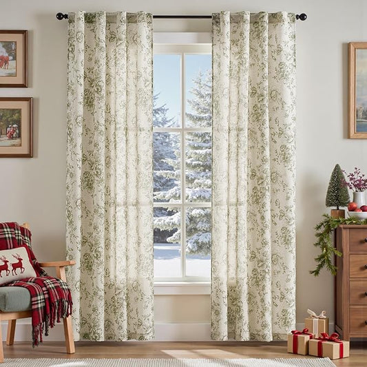 jinchan Linen Floral Curtains 84 Inch Length for Living Room Bedroom Light Filtering Farmhouse Peony Flower Drapes Rustic Window Curtain Set Rod Pocket Back Tab 2 Panels Green