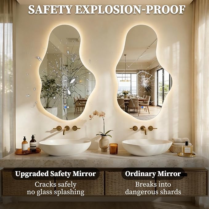 Irregular LED Bathroom Mirror with Lights, Backlit Vanity Mirror for Wall, Asymmetrical Wall Mirror, 3 Color Dimmable Anti-Fog Smart, Decorative Mirror for Bathroom, Entryway(26″ x 43″, 2 Pack)