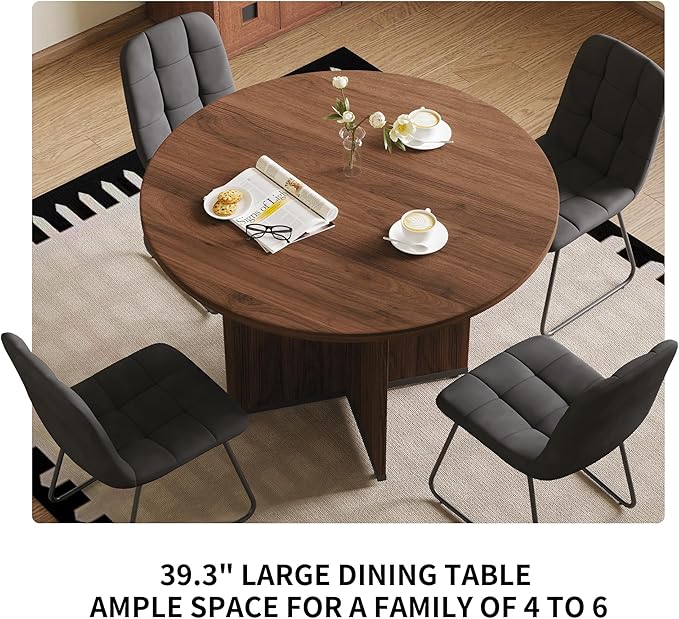 HIPIHOM Modern Round Dining Table Set for 4, 39.4" Walnut Kitchen Table with 4 PU Leather Chairs, 5-Piece Mid-Century Dining Room Set for Small Spaces, Pedestal Base