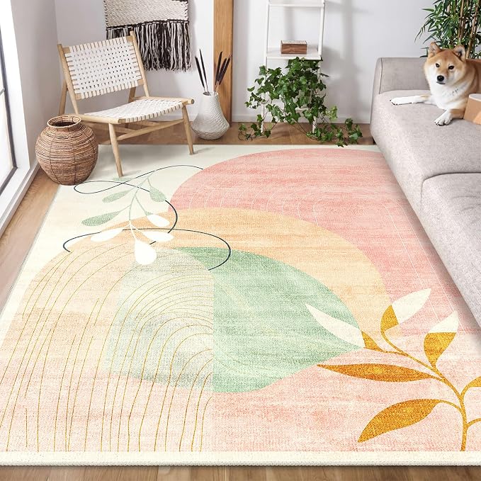 MUJOO 5x7 Area Rugs for Bedroom Living Room,Boho Washable Rug Non Slip Throw Carpet for Office Dining Room Indoor Mid Century Modern Abstract Botanical Geometric Accent Pink