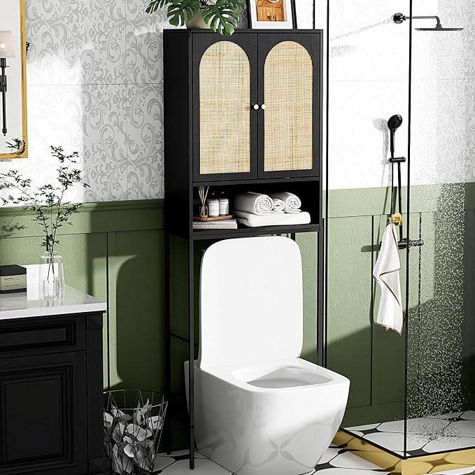 VINGLI Over The Toilet Storage Cabinet, Black Rattan Bathroom Organizer Over Toilet with Adjustable Shelf, Freestanding Space Saver Stand with Soft-Close Doors for Restroom Laundry, Boho Modern