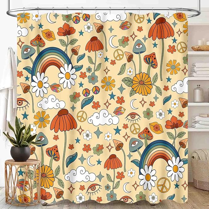 70s Mushroom Shower Curtain, Retro Groovy Hippie Funky Boho Rustic Cute Vintage Colorful Botanical Plants Pattern Orange Waterproof Fabric Bathroom Shower Curtain Set with Hooks, 72"x84" Inch