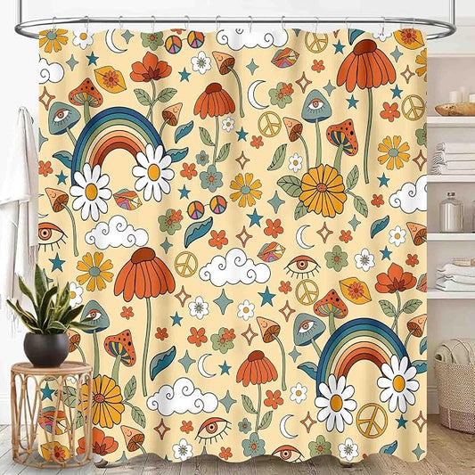70s Mushroom Shower Curtain, Retro Groovy Hippie Funky Boho Rustic Cute Vintage Colorful Botanical Plants Pattern Orange Waterproof Fabric Bathroom Shower Curtain Set with Hooks, 72"x78" Inch