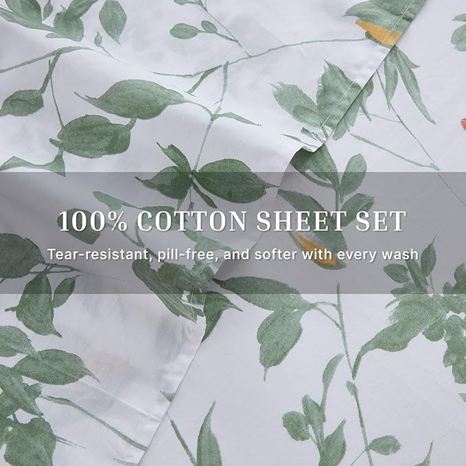 100% Cotton Sheets Set Queen Size – 4 Pieces Luxury Breathable Percale Cotton Bedding with Deep Pockets, Crisp Cool Feeling, Soft&Durable, Refined Botanical Elegance, Green Floral Bed Sheets