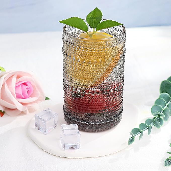 Hobnail-Drinking Glasses 13oz Vintage Glassware Sets Cocktail Juice Glasses Set of 6, Grey