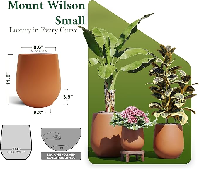 DTY Signature Mount Wilson Modern Indoor Outdoor Fiberstone Tapered Planter, Lightweight, Weather Resistant Garden Pot with Drainage Hole & Rubber Plug, Planter for Christmas Decor – Terracotta, Small
