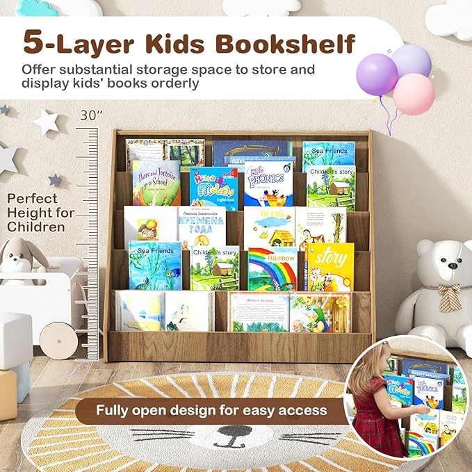 HONEY JOY Kids Bookshelf, 5-Tier Wooden Toddler Bookcase, Children Book Rack & Magazine Display Shelf, Toy Storage Organizer, Book Shelf for Kids Rooms, Playroom, Nursery, Classroom (Natural)