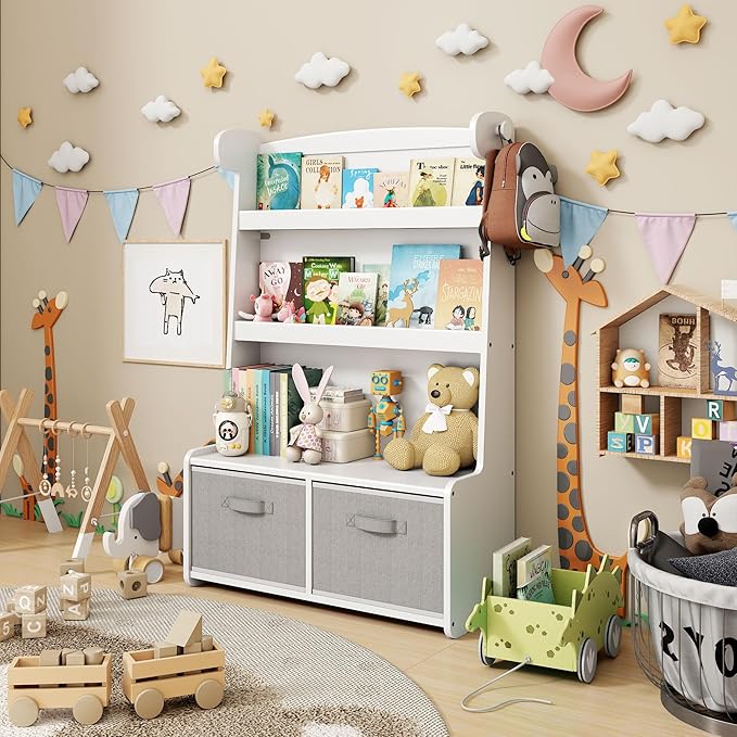 Kids Bookshelf and Toy Storage Organizer, 3 Tier Bamboo Todders Book Shelf Large Book Rack for Child Room Playroom Nursery for Kids, Children, Toddlers (White)