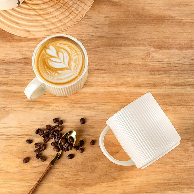 theterra Ceramic Coffee Mugs Set of 6, 14.2oz Handmade Coffee Cups with Handle for Latte, Tea, Milk, Beer, Hot Cocoa, Reactive White