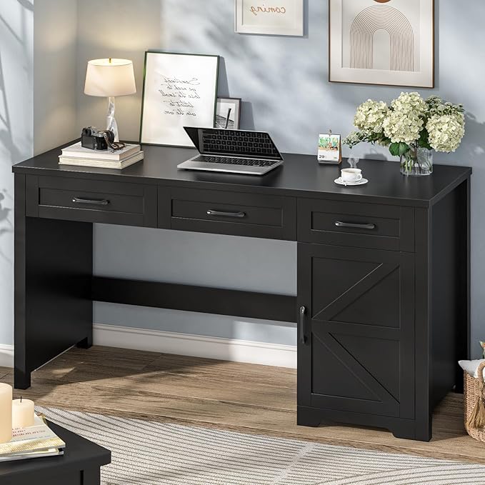 Farmhouse 59" Executive Desk,Computer Desk with 3 Drawers and Storage Cabinet,Workspace for Home Office and Study. Pure Black