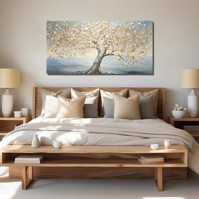 Large Tree Decor Art Bedroom Gold Canvas Wall Decor Light Blue Picture Wall Art for Living Room Office 29" x 59" White Artwork Poster