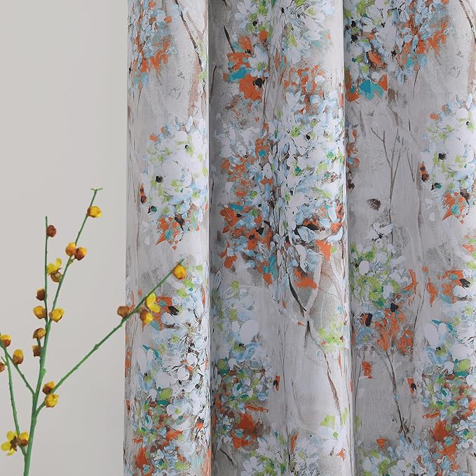 MYSKY HOME Floral Curtains 90 inch Length 2 Panels Light Blocking Curtains for Bedroom Thermal Insulated Living Room Vintage Window Curtains with Grommet, Orange and Green