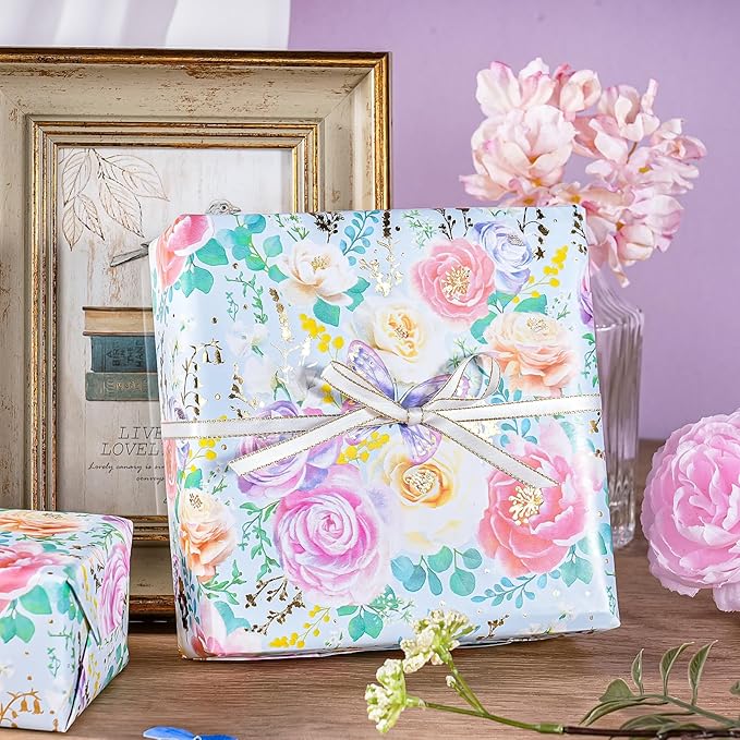 WRAPAHOLIC Floral Wrapping Paper Roll - Mini Roll - 17 Inch x 16.5 Feet - Elegant Gold Foil Butterfly and Flower Wrapping Paper Perfect for Wedding, Birthday, Bridal Shower, Tea Party
