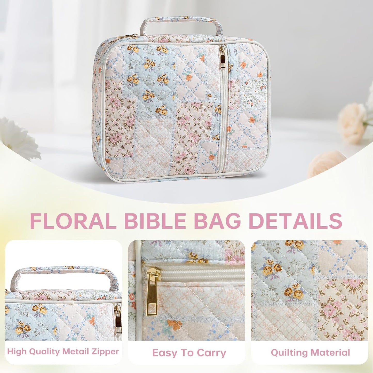 Skiennix Bible Cover Case - Large Quilted Design with Durable Handle | Spliced Flower Pattern