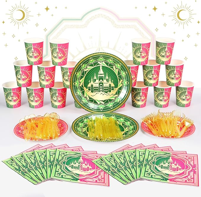 Roshtia 25 Set Witch Party Supplies Pink and Green Paper Plates Napkins Tablewares Disposable Witch Dinnerware for Girls Women Witchy Birthday Party Decorations Favors