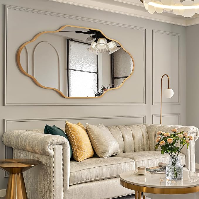 Scalloped Mirror for Bathroom - 26"x46" Gold Bathroom Mirror with Aviation Aluminum Alloy Frame & Shatter-Proof Glass for Living Room Bedroom Entryway, Brushed Gold Frame(x1)