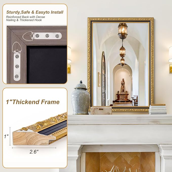 Vintage Gold Baroque Mirror, 40'' x 28'' Rectangular Ornate Antique Mirror with Carving Wood Frame, Decorative Wall Mirrors for Living Room, Bathroom, Entryway, Fireplace, Horizontal/Vertical