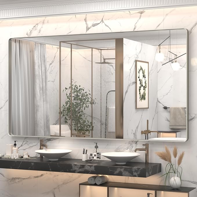 66x36 Inch Silver Bathroom Mirrors for Vanity, Brushed Nickel Metal Silver Framed Bathroom Mirror for Wall, Rounded Rectangle Silver Mirror, Anti-Rust, Shatterproof (Horizontal/Vertical)