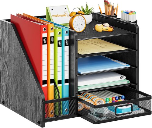 Marbrasse Desk Organizer - 5-Tier Paper Tray with Drawer & 2 Pen Holders | Mesh Storage for Office Supplies - Wood Black