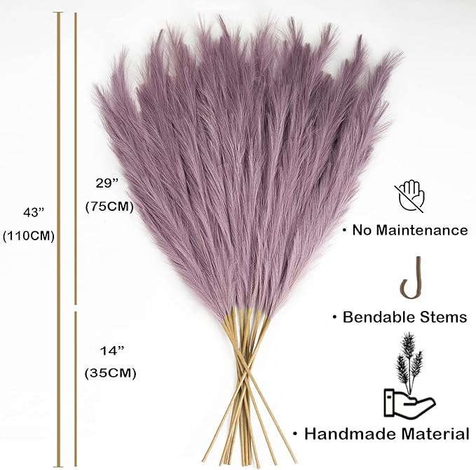 Pampas Grass Decor Tall, 43"/110cm Faux Pampas Grass 6 Stems Large Pompass Grass Branches Tall Bulk Boho Flower Arrangement for Home Room Wedding Party Decor (Light Purple)
