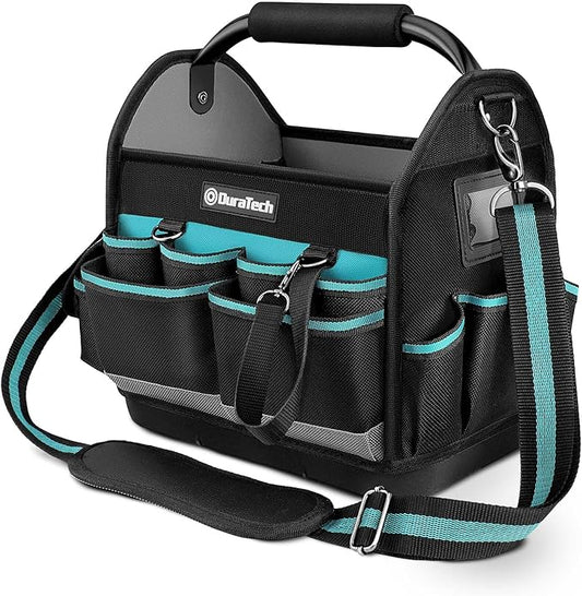 DURATECH 12 Inch Tool Tote with Waterproof Hard Bottom, Electrician Tool Bag with Rotating Handle, Open Top Tool Bag Wide Mouth Multi-Pockets, Tool Carrier for Mechanic Plumber Electrician HVAC