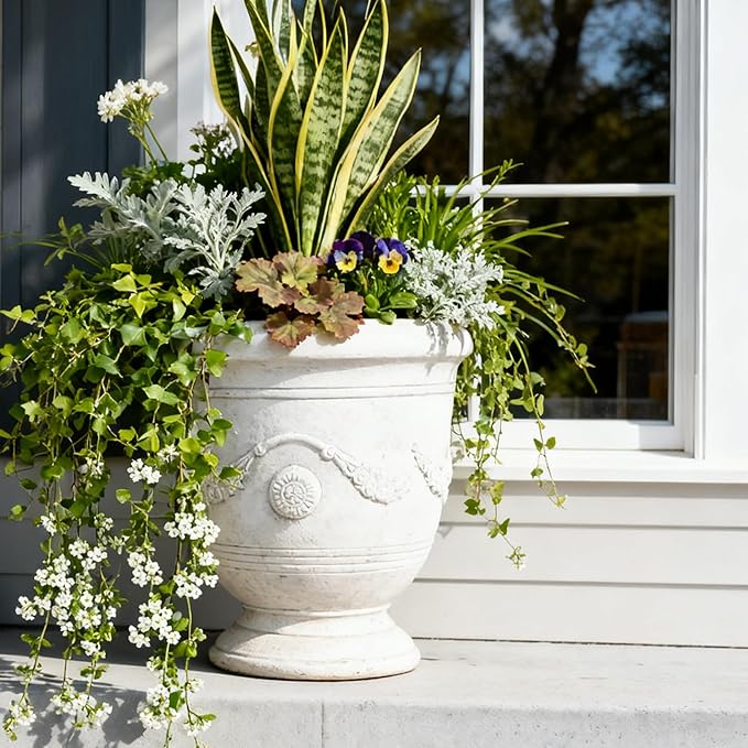 Large Urn Planter Magnesium Oxide Plant Pot with Cement Texture Concrete Urn Planters with Drainage Hole, 14" Dia x 17.5", White