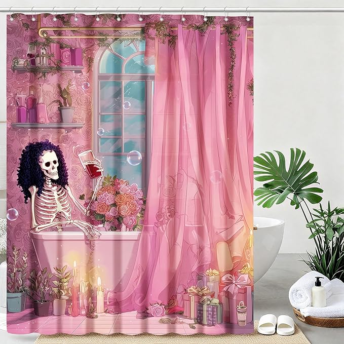 Gothic Skull Shower Curtain Funny Retro Floral Shower Curtains for Bathroom Waterproof Fabric Bath Curtain Decor with Hooks