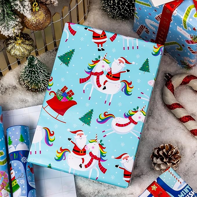 MAYPLUSS Christmas Gift Wrapping Paper - 17In x 120In Per Roll - Magic Fairytale Santa Claus and Unicorn, Santa Reindeer, Candy Christmas Winter Holiday Gift Wrap Paper for Housewarming, Party