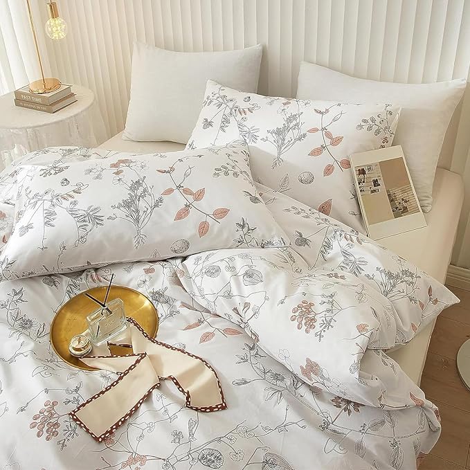 EAVD Girls Floral Duvet Cover Twin Soft White Cotton Tree Branches Floral Bedding Set with 2 Pillowcases Fresh Chic Garden Botanical Duvet Cover with Zipper Closure 4 Ties