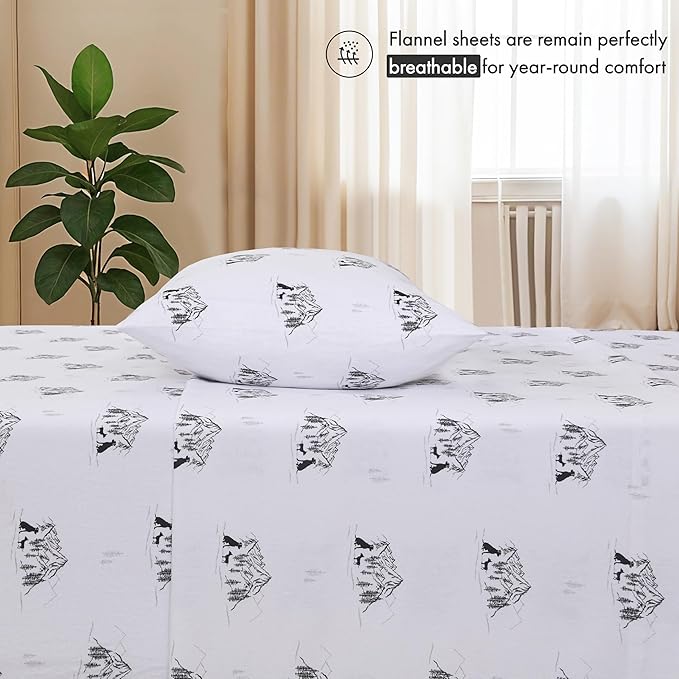 RUVANTI Flannel Sheets Queen Size - 100% Cotton Double Brushed Bed Sheets, Deep Pockets 16 Inches Queen Sheet Set, All Seasons Breathable & Extra Soft - Warm & Cozy, 4 Piece, Soul Dog White