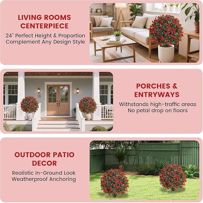 (2-Piece Set) Rose-Shaped Artificial Boxwood Topiary Trees – Designed for Artificial Landscape Shrubs, Shrub Bushes with Ground Spikes, Artificial Flowers