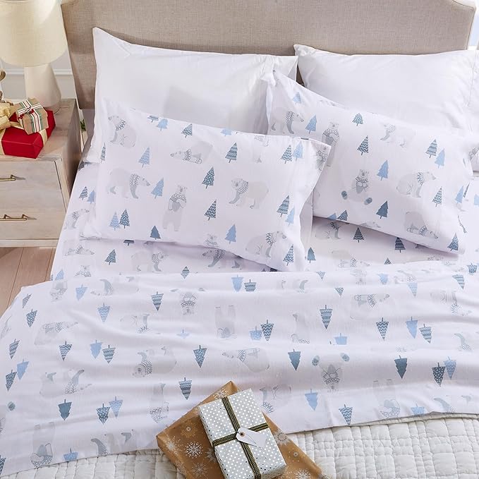 Market & Place 100% Turkish Cotton Flannel Sheet Set | 4 Piece Deep Pocket Novelty Cozy Winter Bed Sheets | Double Brushed for Extra Softness & Comfort | Alpine Collection (Full, Polar Bears)