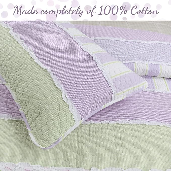 Cozy Line Home Fashions Lavender Green Stripe Dots Girl 100% Cotton Reversible Quilt Bedding Set, All-Season Coverlet Bedspread (Purple Dots, Queen - 3 Piece)