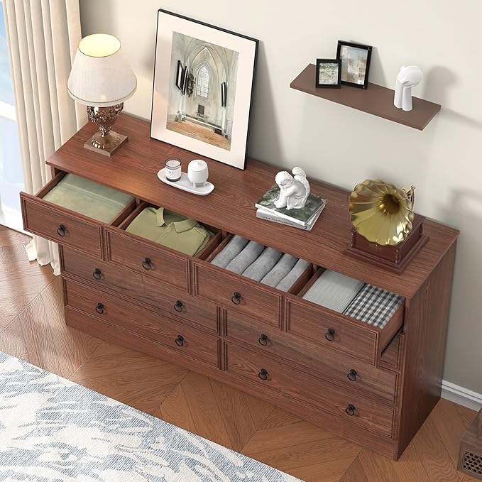 Dresser for Bedroom with 10 Drawers, Large Chest of Drawers Storage Organizer, Long Dresser Storage TV Stand for Living Room, Bedroom, Hallway Cherry Wood