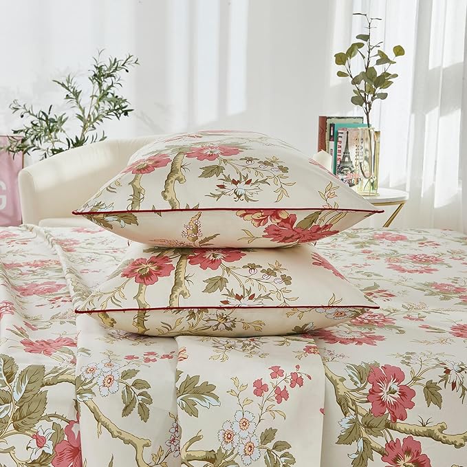Brandream King Size Sheets Set Floral Bedding Chinoiserie Blossom Farmhouse Luxury Grandmillennial Bedding Collections 100% Egyptian Cotton Deep Pocket, 4 Pieces - Asian Style Botanical Tree Branches