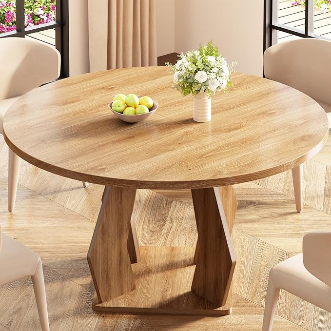 IBF Round Dining Table for 4-6 People,47 Inches Dining Room Table with Wooden Pedestal Base,Circle Dining Room Table for Kitchen,Office,Apartment,Living Room,Oak
