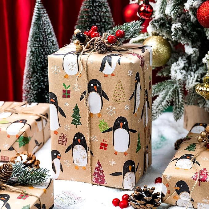 MAYPLUSS Christmas Wrapping Paper Roll - 17IN X 33FT - Kraft Gift Wrapping Paper Featuring Cute Penguin Christmas Tree Snowflake Reversible Cut Lines for Kids, Holiday, New Year