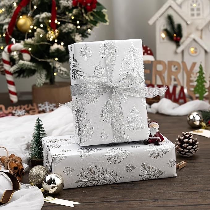 Flyhill Kraft Christmas Wrapping Paper,Silver Gold 3D Embossed Foil Christmas Tree with Woodlands Wrap Paper for Holiday, Party,Celebration, New Year (17 Inch X 32.8 Feet)