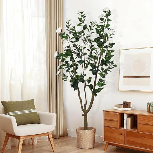 6.6ft Tall Camellia Artificial Tree, Handmade Faux Floral Camellia Tree, Pink White Blooming Flowers & Green Leaves, Artificial Plants for Home Front Door Decor Indoor Outdoor Party Wedding
