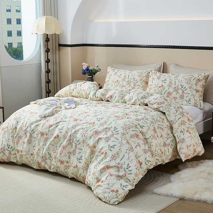 100% Cotton Duvet Cover Queen Size – Vintage Botanical Floral Duvet Cover Set with Zipper Closure, 3-Piece Soft Breathable Natural Premium Cotton Bedding Set for All Seasons