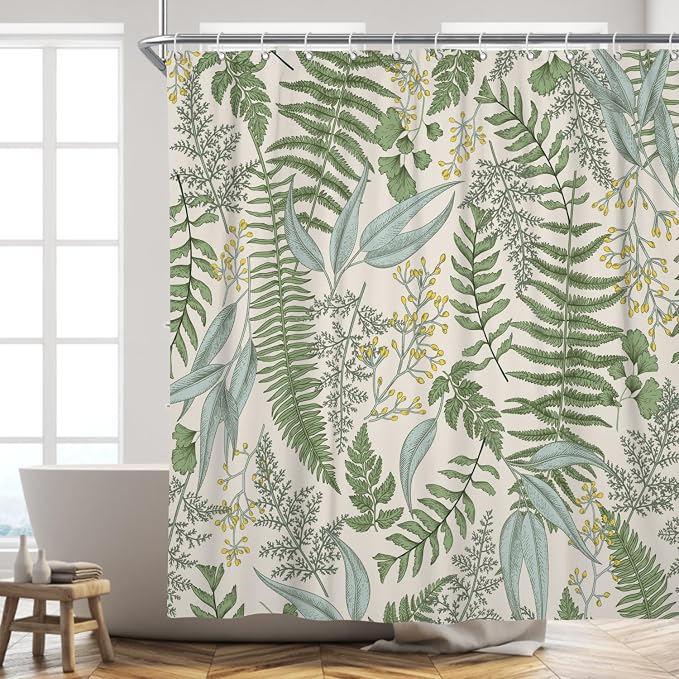 Vintage Fern Leaf Leaves Sage Green Shower Curtain, Rural Eucalyptus Plant Natural Farmhouse Floral Botanical Art Printed Fabric Waterproof Curtain for Bathroom w/12 Plastic Hooks