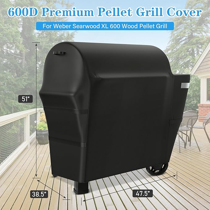 Utheer Grill Cover for Weber Searwood XL 600 Pellet Grill, Heavy Duty 600D Waterproof Fabric Grill Cover for Weber 3400146, Black