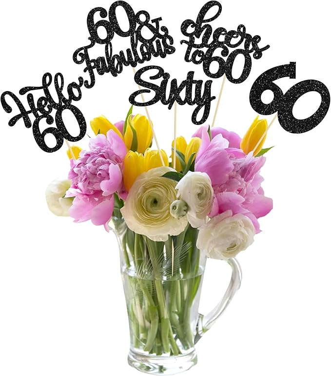 Gyufise 15Pcs 60th Birthday Centerpiece Sticks Sixty Happy 60th Table Flower Centerpieces Sticks Cheers to 60 Floral Decorations for 60th Birthday Party Centerpieces Supplies Black