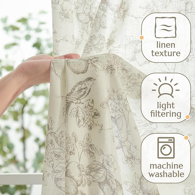 jinchan Linen Floral Curtains for Living Room 63 Inch Length Taupe Printed Flower French Country Curtain Farmhouse Cottage Core Toile Curtains Back Tab Light Filtering Window Drapes Set 2 Panels