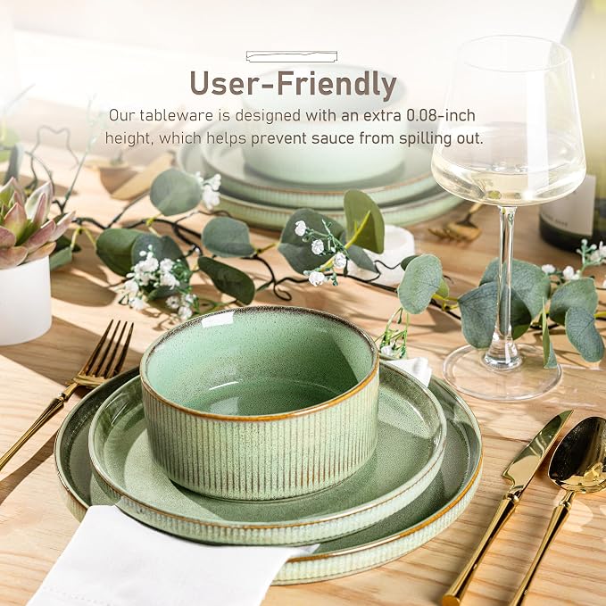 GBHOME 12-Piece Stoneware Dinnerware Set for 4 – Ribbed Ceramic Plates and Bowls, Scratch-Resistant, Microwave & Dishwasher Safe, Reactive Glaze, Pastel Green
