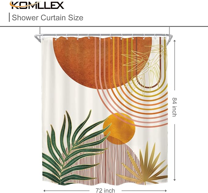 KOMLLEX Mid Century Orange Boho Shower Curtain for Bathroom Decor 72Wx84H Inches Abstract Retro Gold Minimalist Modern Arch Geometric Neutral Fabric Waterproof Polyester 12 Pack Hooks Pack Hooks
