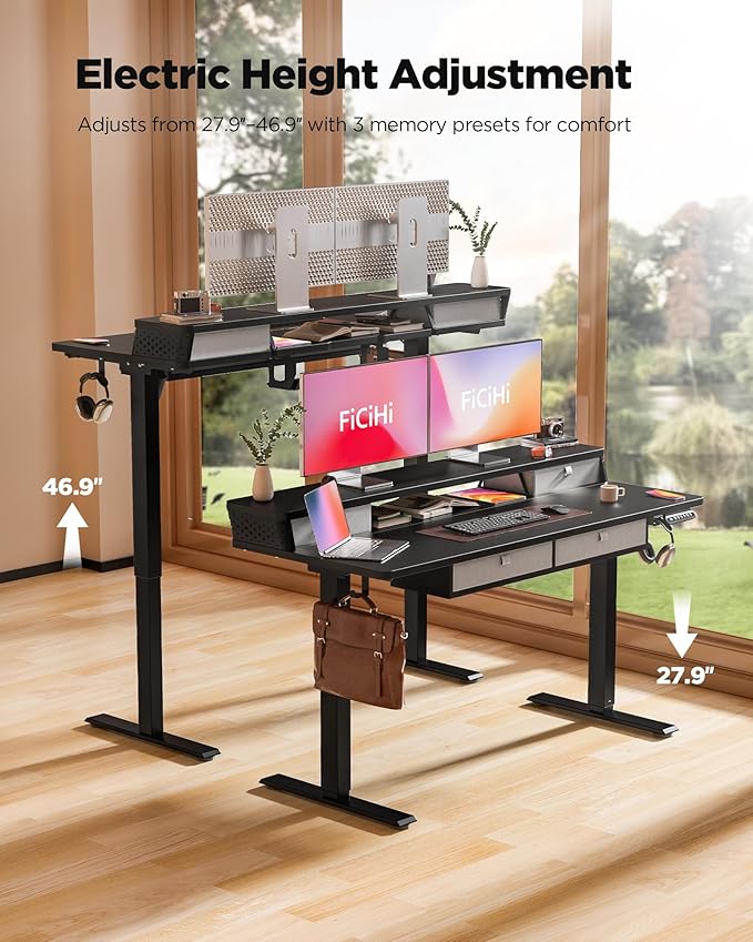 FiCiHi Adjustable Height Standing Desk with 4 Drawers,48 x 24 inches Electric Sit Stand Home Office Desk with Two Tiers, 3 Memory Presets, Monitor Stand Riser, C-Clamp Mount Compatible